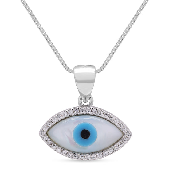 Mother of Pearl Solid Evil Eye Pendant with Chain on Pure 925 Silver