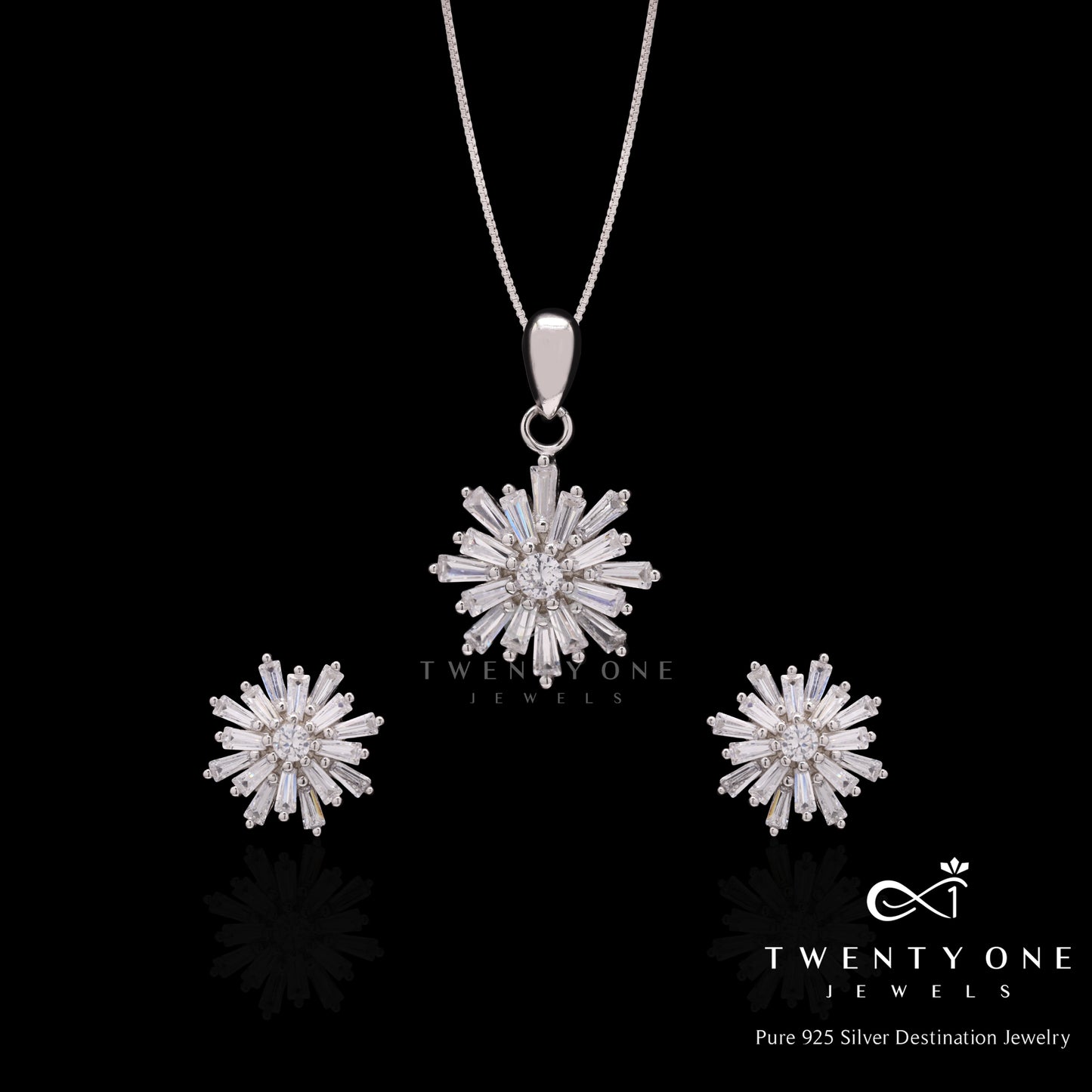 Pure 925 Silver Diamond Snowflake Pendant Set