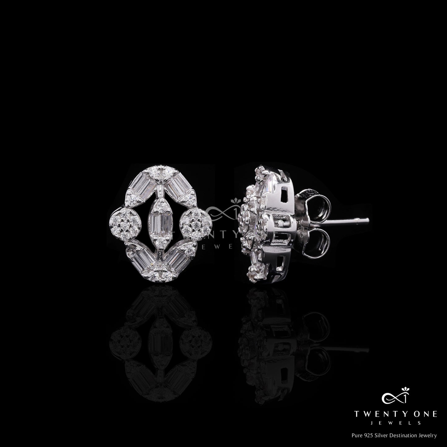 Premium Petite Poliva American Diamond Baguette Studs on Pure 925 Silver