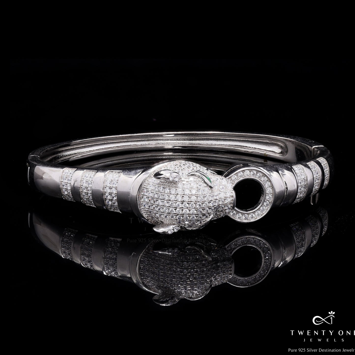 Luxury Brand Inspired Ultra Premium Micro Setting Diamond Openable Panther and Ring Bracelet with Green Emerald Eye Detailing on Pure 925 Silver
