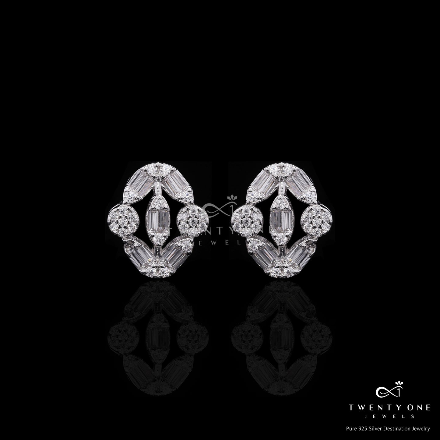 Premium Petite Poliva American Diamond Baguette Studs on Pure 925 Silver