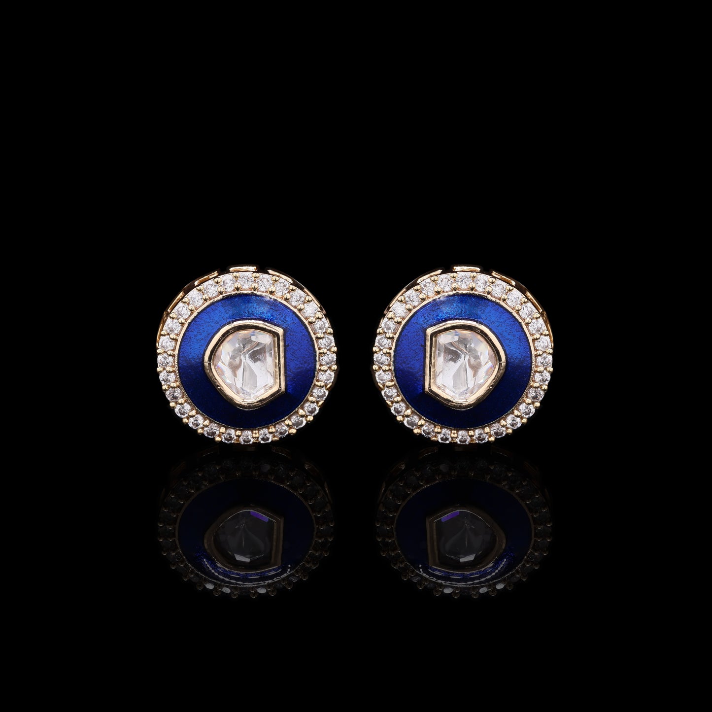Peacock Blue Enamel Bezel Setting Polki Diamond Mens Gold Finish Cuff Link Pair