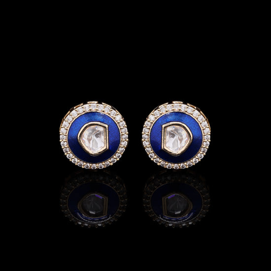 Peacock Blue Enamel Bezel Setting Polki Diamond Mens Gold Finish Cuff Link Pair