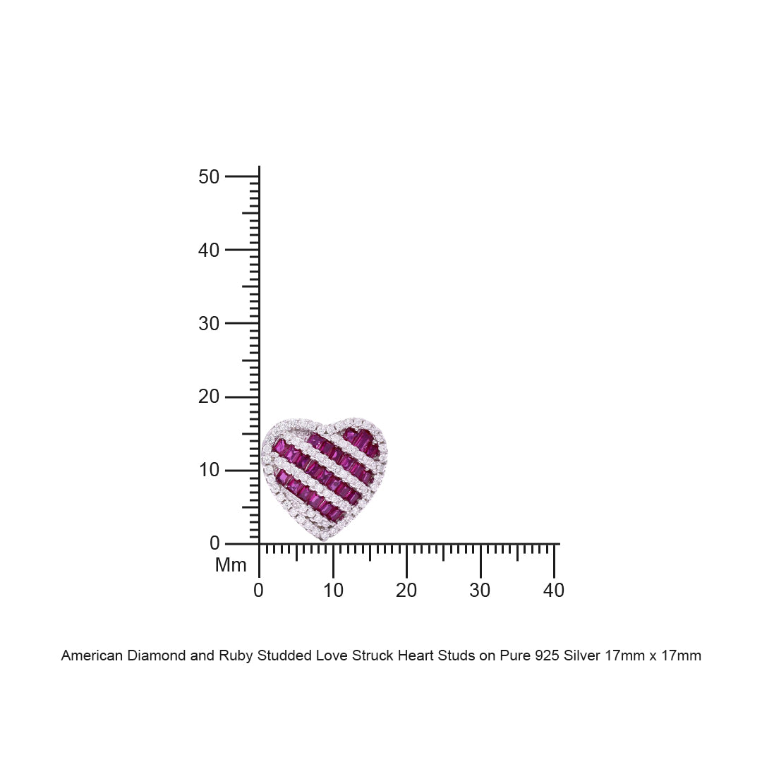 American Diamond and Ruby Studded Love Struck Heart Studs on Pure 925 Silver