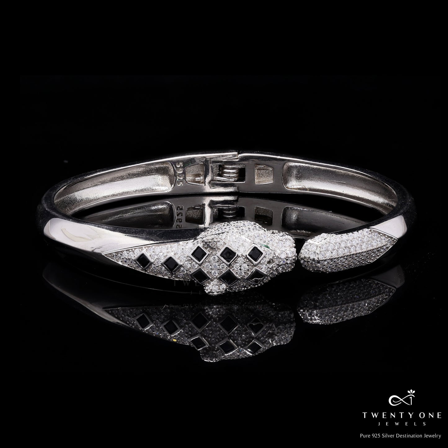 Luxury Brand Inspired Ultra Premium Micro Setting Diamond Openable Panther Bracelet with Green Emerald Eye Detailing on Pure 925 Silver