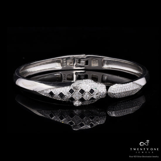 Luxury Brand Inspired Ultra Premium Micro Setting Diamond Openable Panther Bracelet with Green Emerald Eye Detailing on Pure 925 Silver