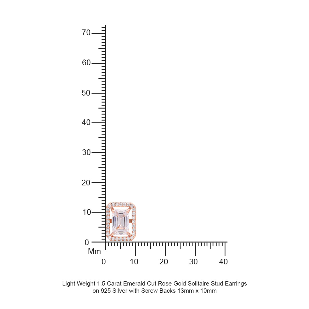Light Weight 1.5 Carat Emerald Cut Rose Gold Solitaire Stud Earrings on 925 Silver with Screw Backs