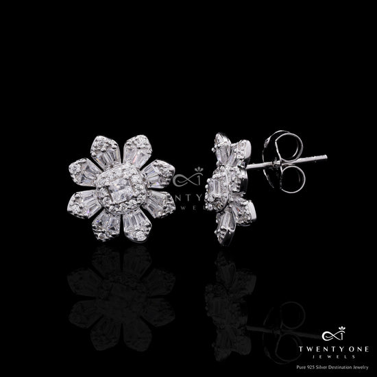 Premium Petite Floral Vito Studs with American Diamond Baguettes on Pure 925 Silver