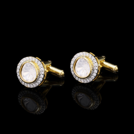 Gold Finish Polki Diamond Bezel Setting Mens Cuff Link Pair with Diamond Cluster