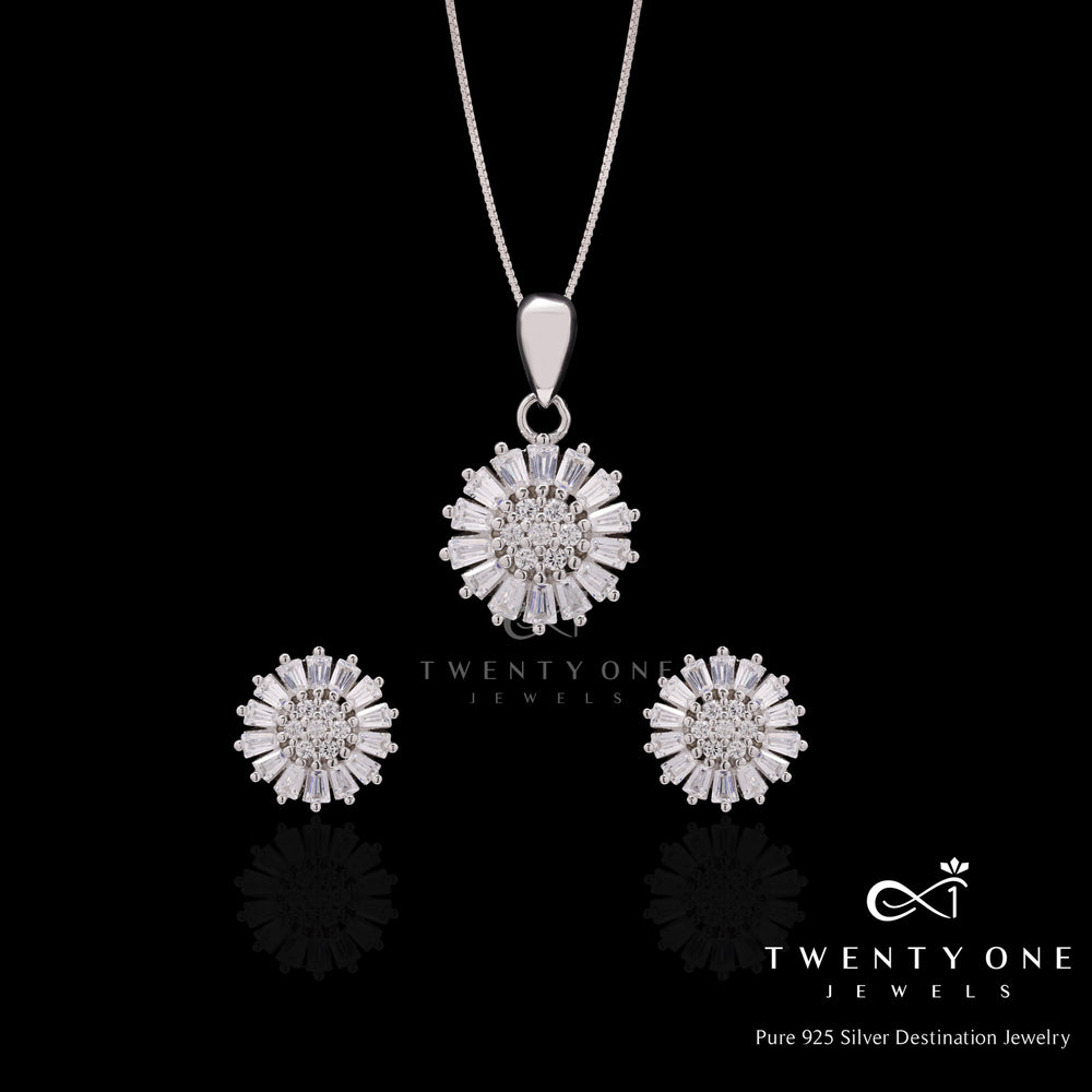 Pure 925 Silver Diamond Sunflower Pendant Set