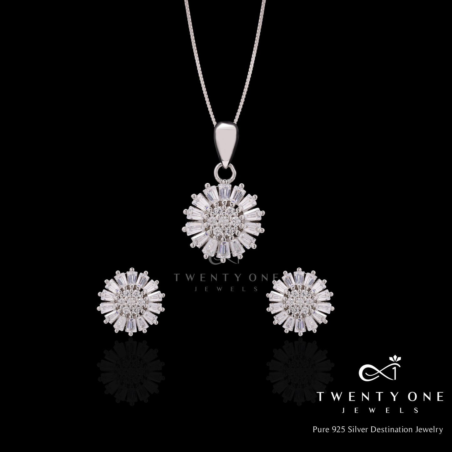 Pure 925 Silver Diamond Sunflower Pendant Set