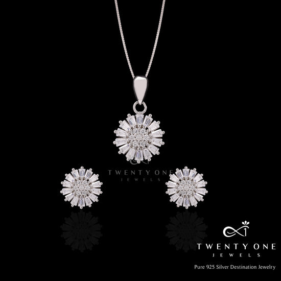 Pure 925 Silver Diamond Sunflower Pendant Set