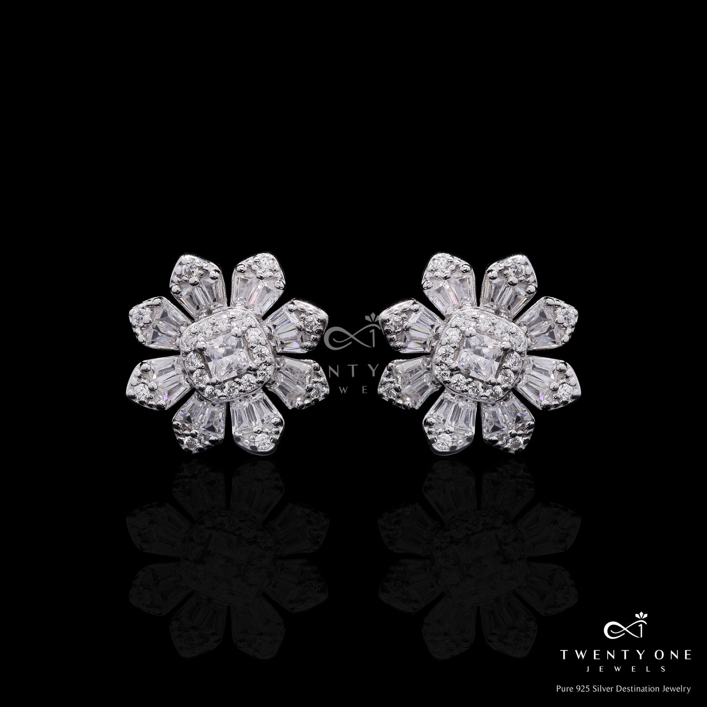 Premium Petite Floral Vito Studs with American Diamond Baguettes on Pure 925 Silver