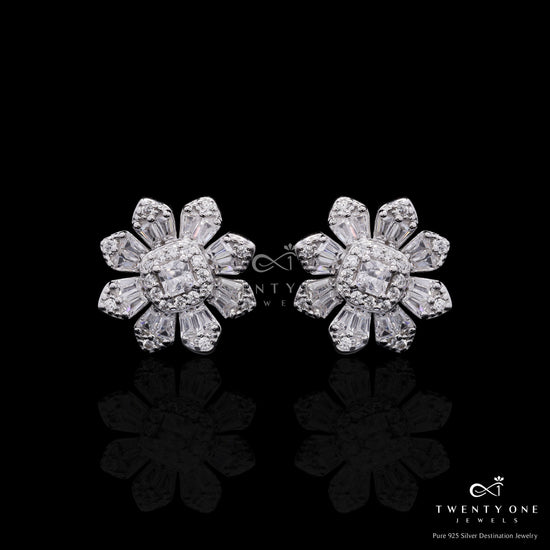 Premium Petite Floral Vito Studs with American Diamond Baguettes on Pure 925 Silver