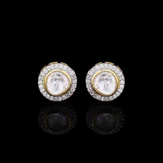 Gold Finish Polki Diamond Bezel Setting Mens Cuff Link Pair with Diamond Cluster
