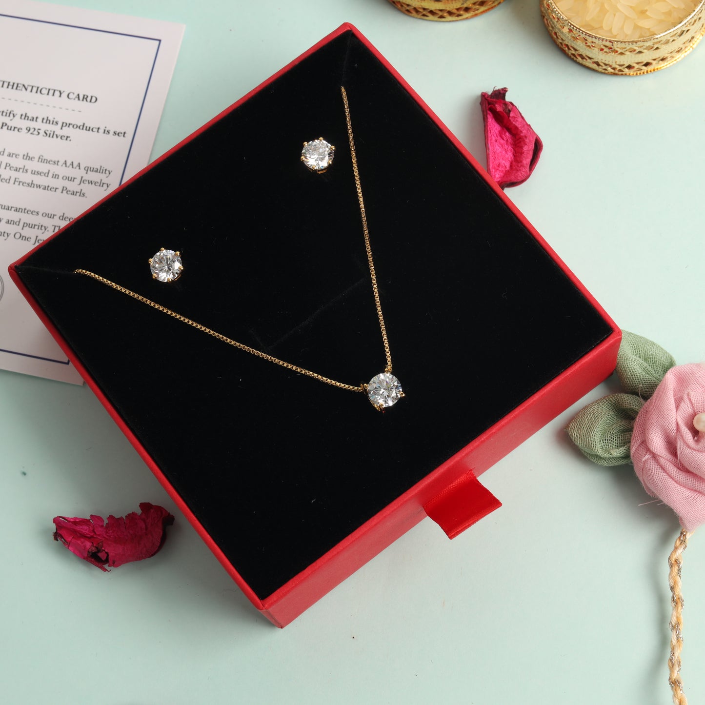 The 18k Gold Finish Classic Solitaire Pendant Set with Premium Screw Back Studs on Pure 925 Silver ( 1 Year Warranty)