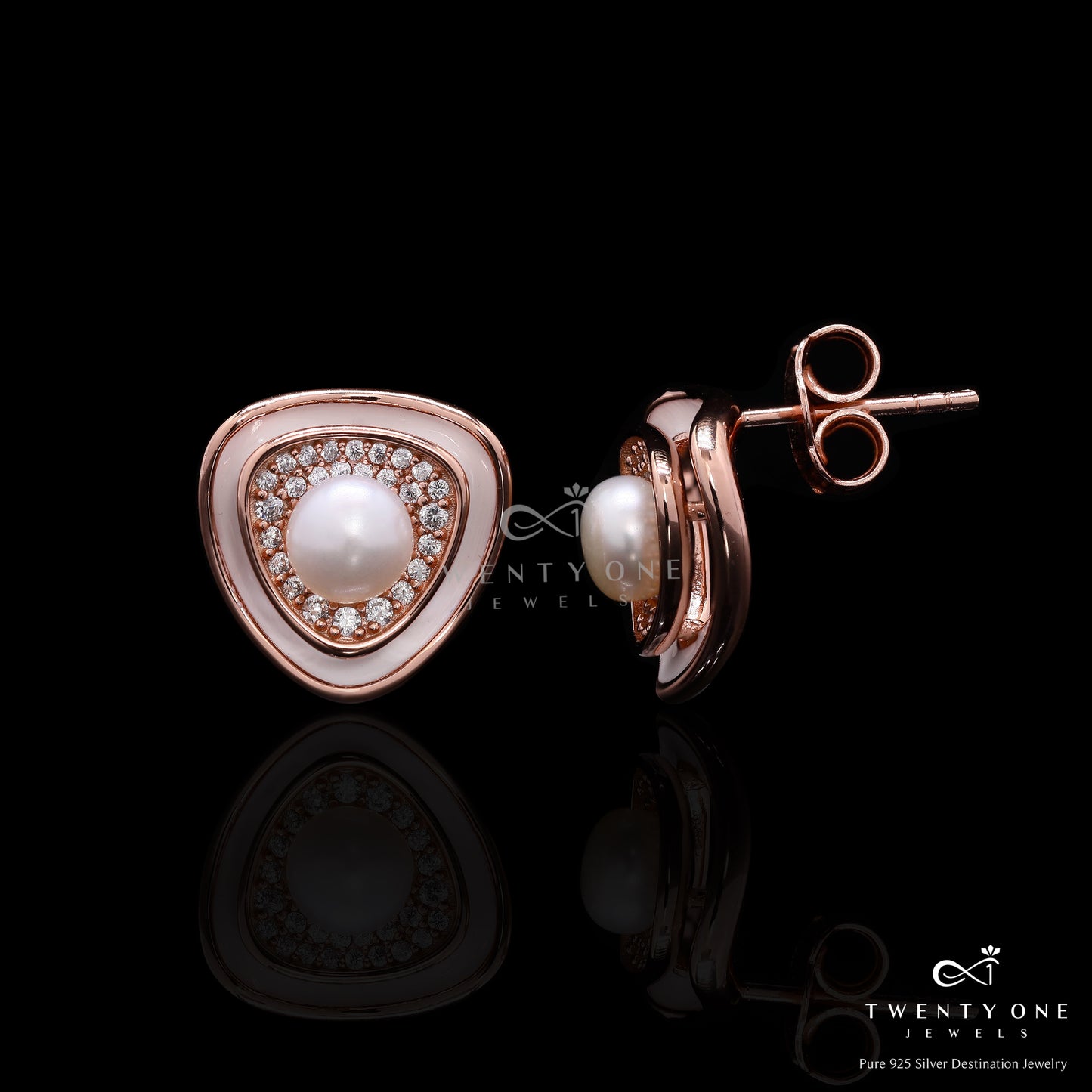 Premium Rose Gold Finish Fresh Water Pearl Ziva Stud Earrings with White Enamelling on Pure 925 Silver.