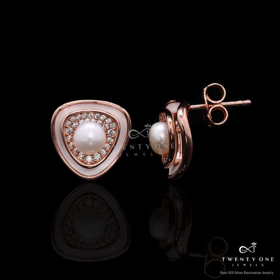 Premium Rose Gold Finish Fresh Water Pearl Ziva Stud Earrings with White Enamelling on Pure 925 Silver.