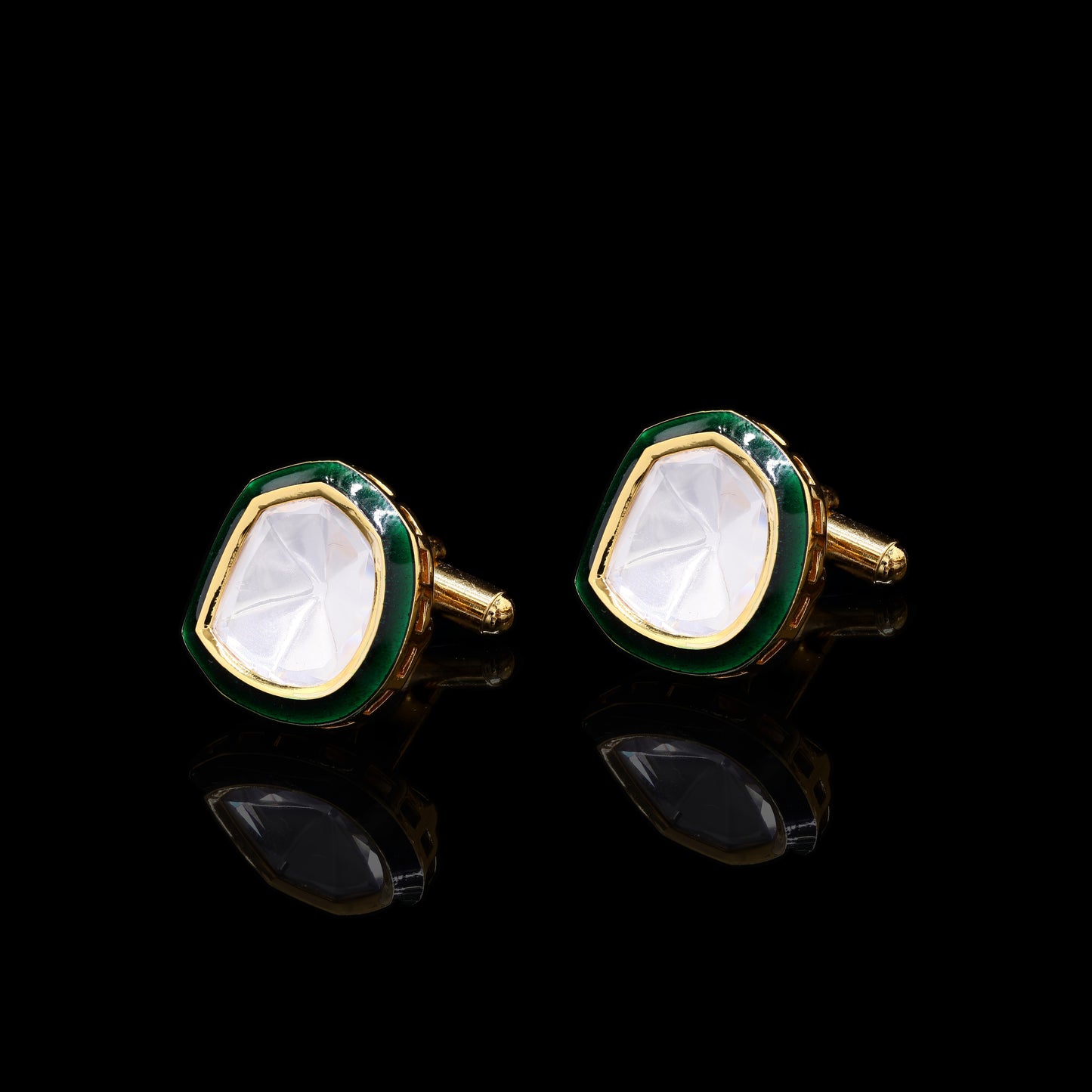 Emerald Green Enamel Gold Finish Polki Mens Cuff Links