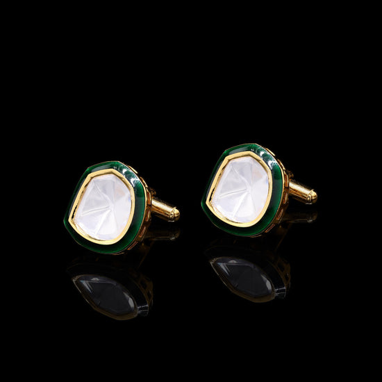 Emerald Green Enamel Gold Finish Polki Mens Cuff Links