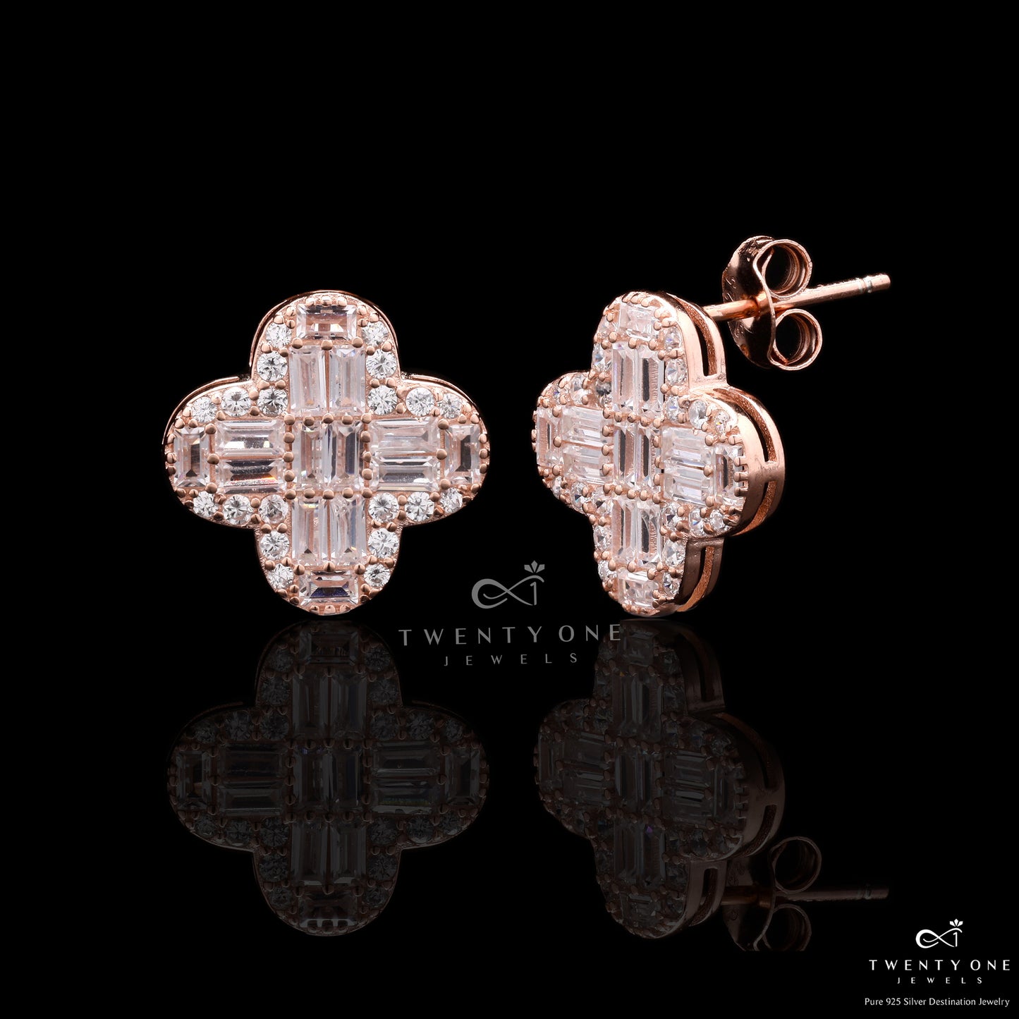 Rabiah Floral Studs With Diamond Baguette On Pure 925 Silver