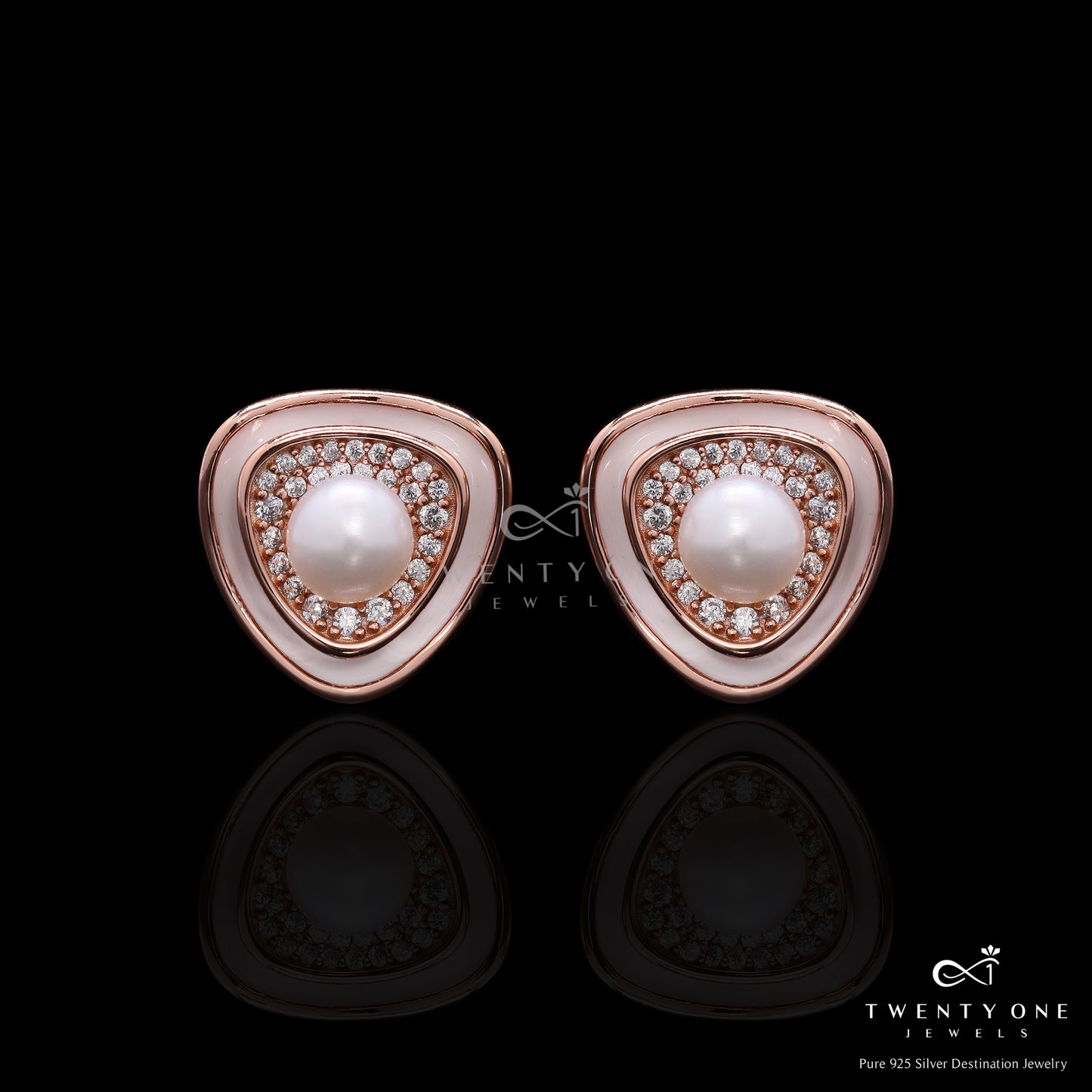 Premium Rose Gold Finish Fresh Water Pearl Ziva Stud Earrings with White Enamelling on Pure 925 Silver.