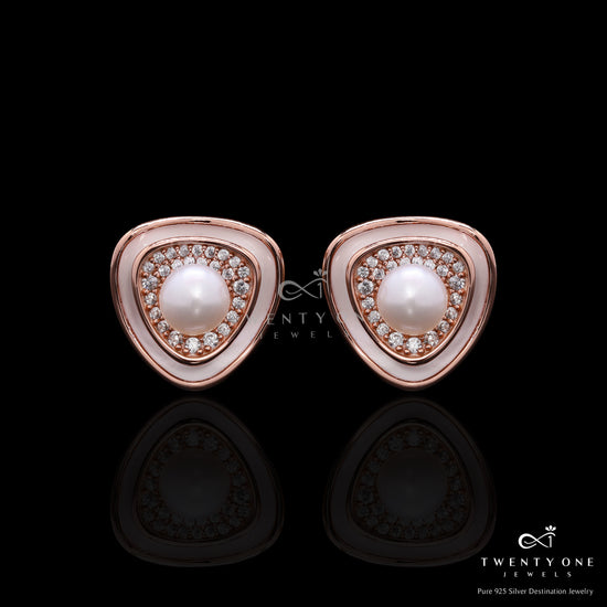 Premium Rose Gold Finish Fresh Water Pearl Ziva Stud Earrings with White Enamelling on Pure 925 Silver.
