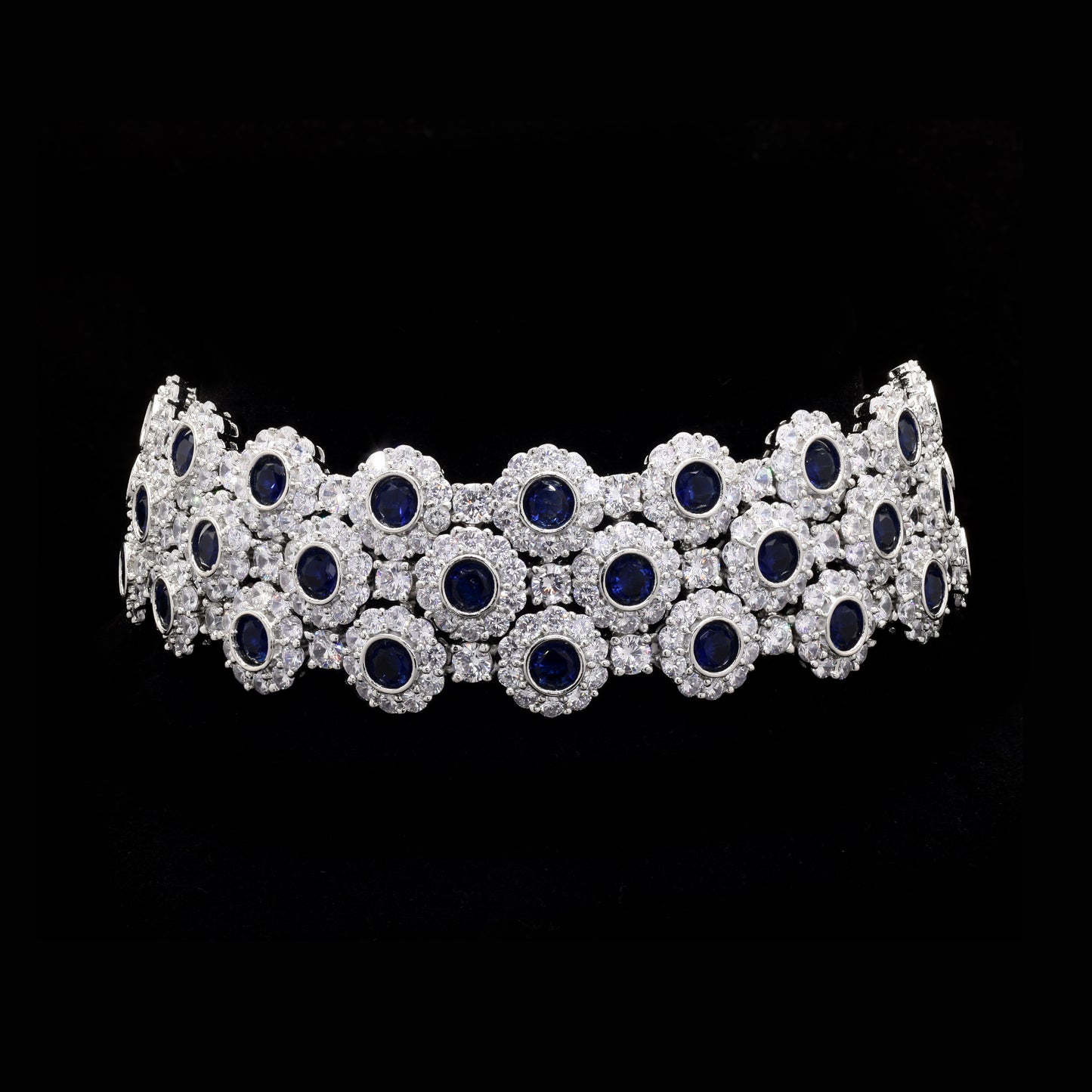 TOJ Everyday - Blue Sapphire and Diamond Premium Party Choker Necklace Set with Earrings