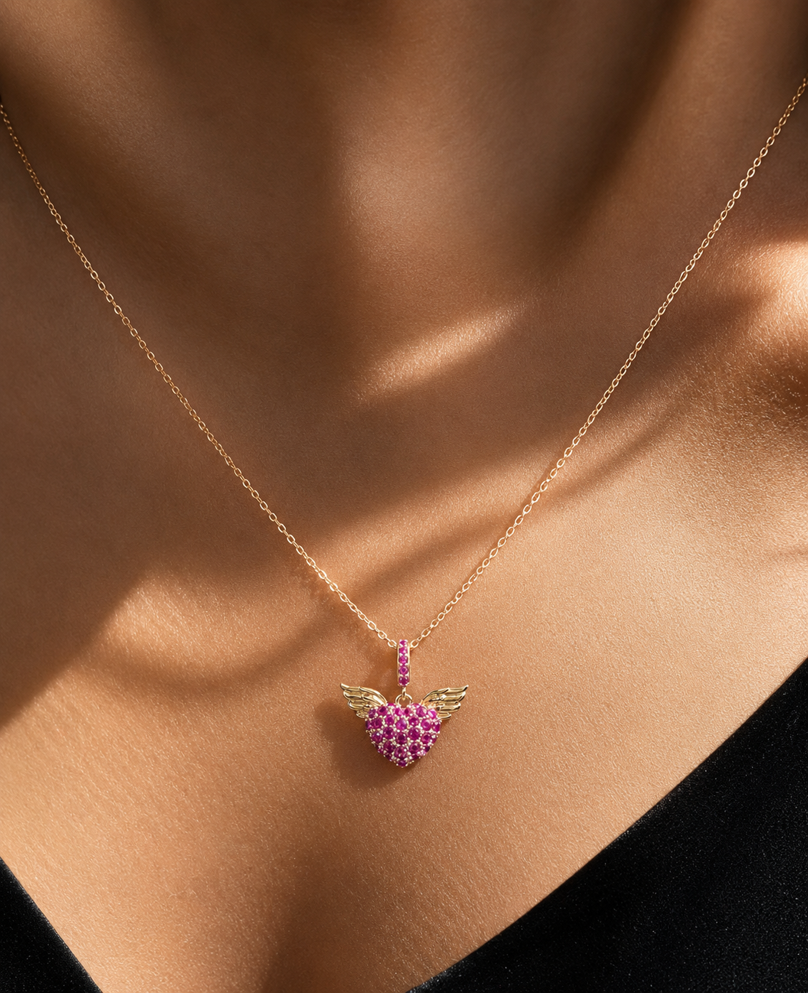 Rose Gold Finish Ruby Angel Heart Pendant with Chain on Pure 925 Silver