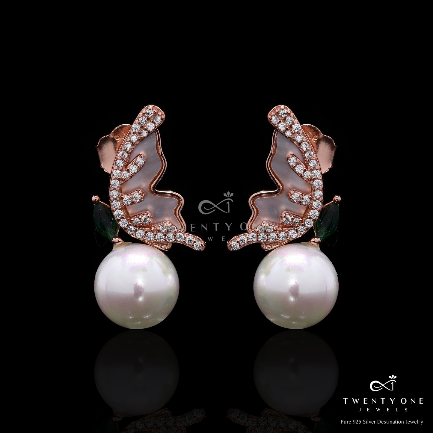 Ultra Premium Fresh Water Pearl Cocktail Stud Earrings with MOP and Green Emerald Marquise Detailing on Pure 925 Silver