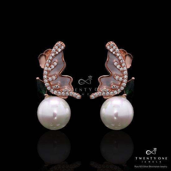 Ultra Premium Fresh Water Pearl Cocktail Stud Earrings with MOP and Green Emerald Marquise Detailing on Pure 925 Silver