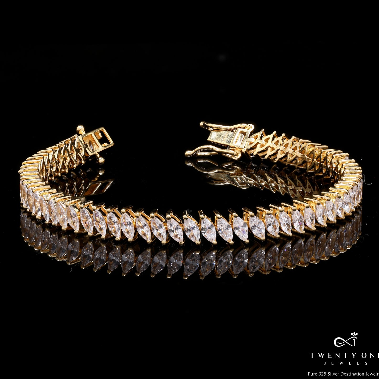 18K Gold Finish Premium Marquise Solitaire 15 Pointer Tennis Bracelet on Pure 925 Silver.