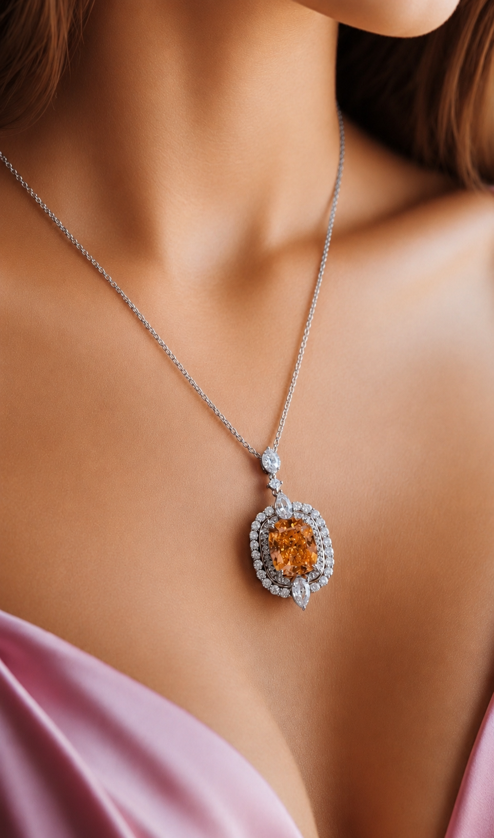 Ultra Premium Orange Citrine and American Diamond Studded Chunky Finesse Pendant with Chain on Pure 925 Silver