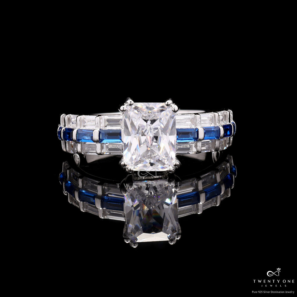 Emerald Cut Solitaire Lara Ring with Diamond Baguettes On 925 Silver