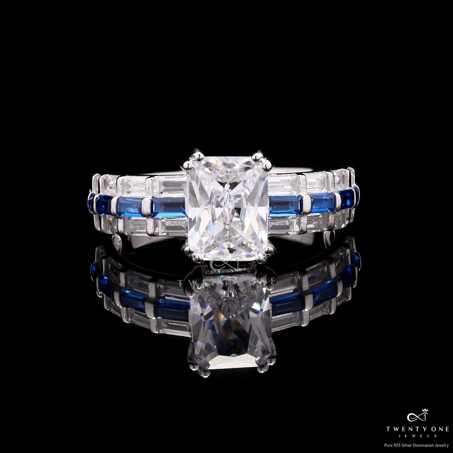Blue Sapphire Emerald Cut Solitaire Lara Ring with Diamond Baguettes On 925 Silver