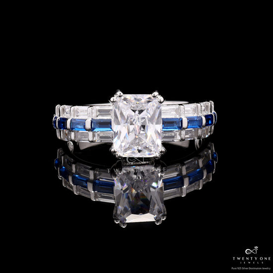 Blue Sapphire Emerald Cut Solitaire Lara Ring with Diamond Baguettes On 925 Silver