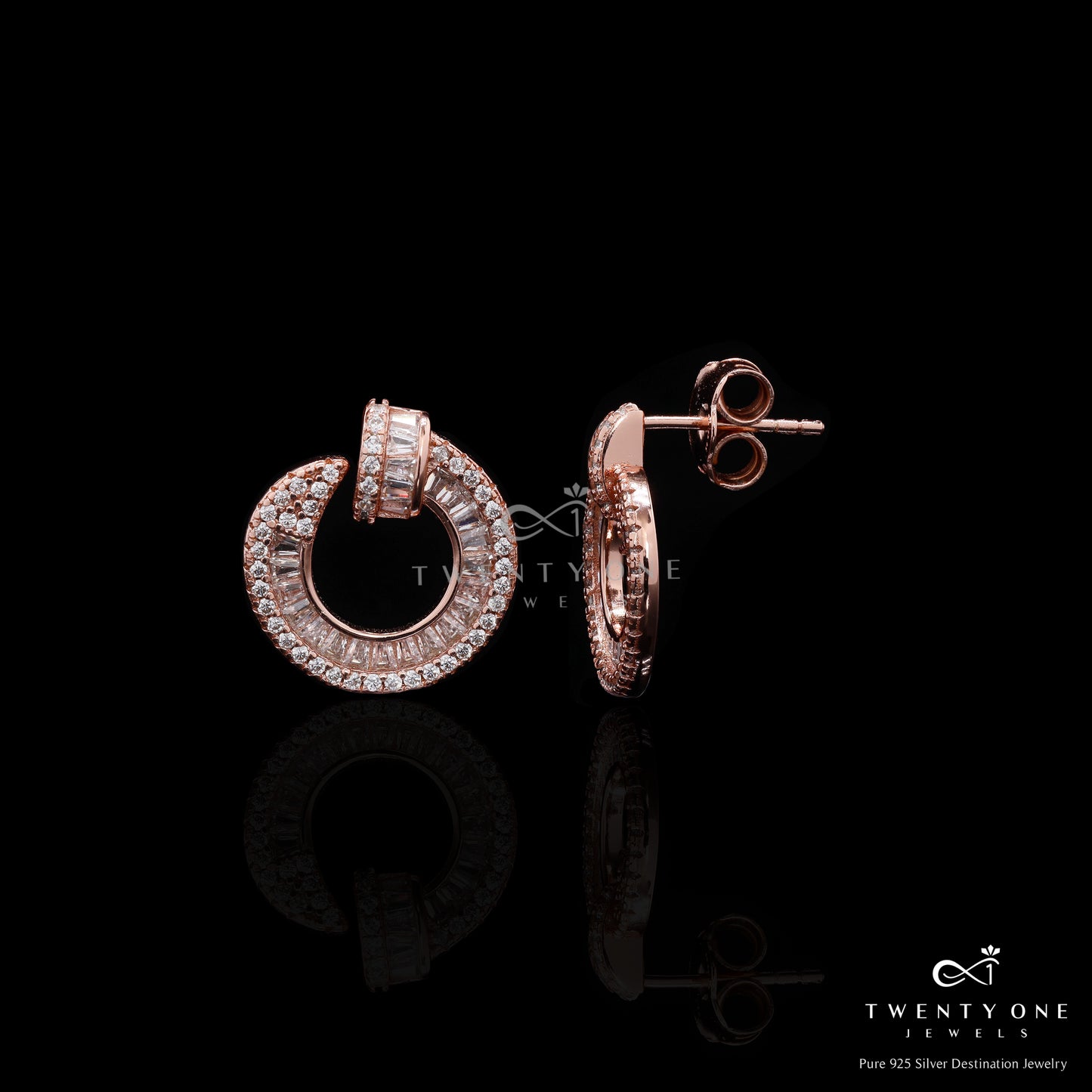 Ultra Premium Rose Gold Finish American Diamond Baguette Stud Earrings on Pure 925 Silver