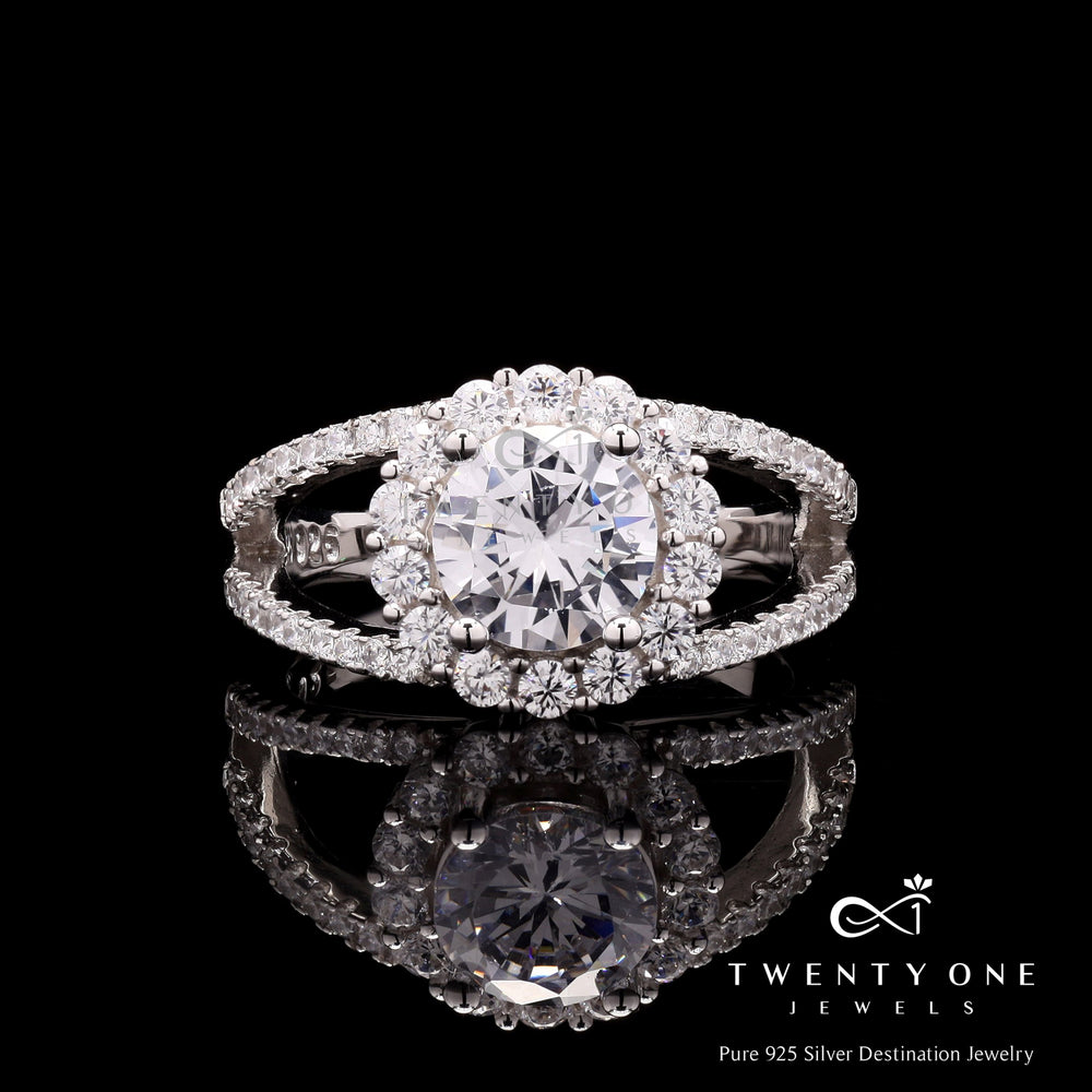 1.5 Carat Round Cut Solitaire Dilicia Ring with Diamond Halo on Pure 925 Silver