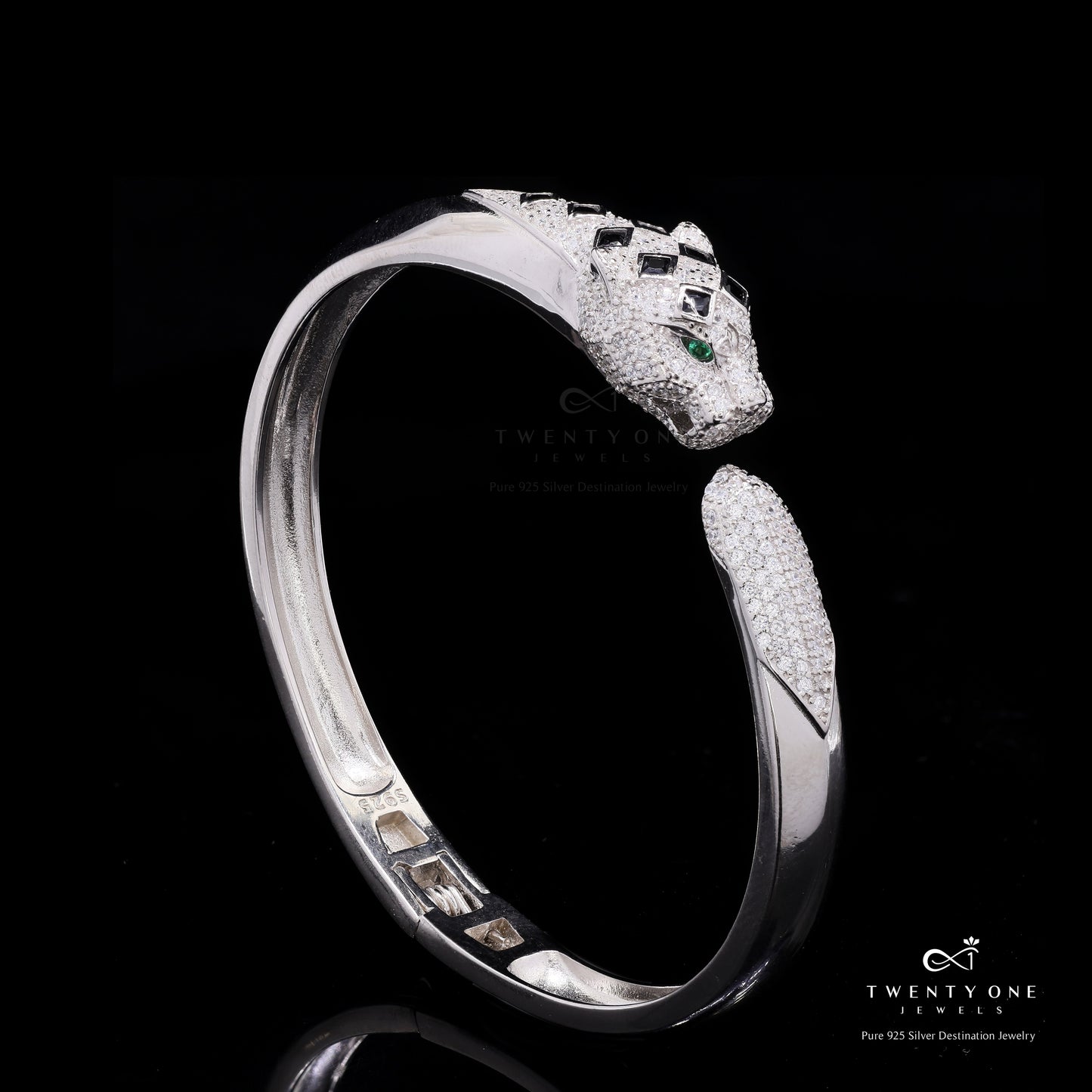 Luxury Brand Inspired Ultra Premium Micro Setting Diamond Openable Panther Bracelet with Green Emerald Eye Detailing on Pure 925 Silver