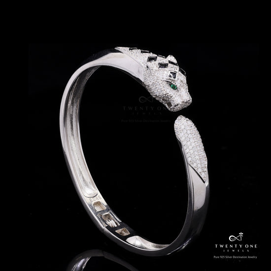 Luxury Brand Inspired Ultra Premium Micro Setting Diamond Openable Panther Bracelet with Green Emerald Eye Detailing on Pure 925 Silver