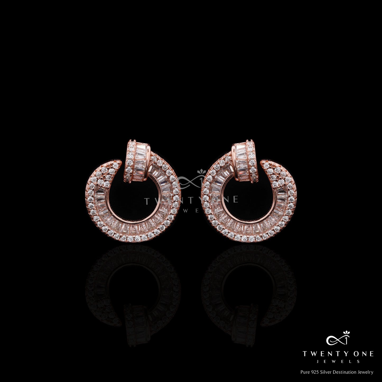 Ultra Premium Rose Gold Finish American Diamond Baguette Stud Earrings on Pure 925 Silver