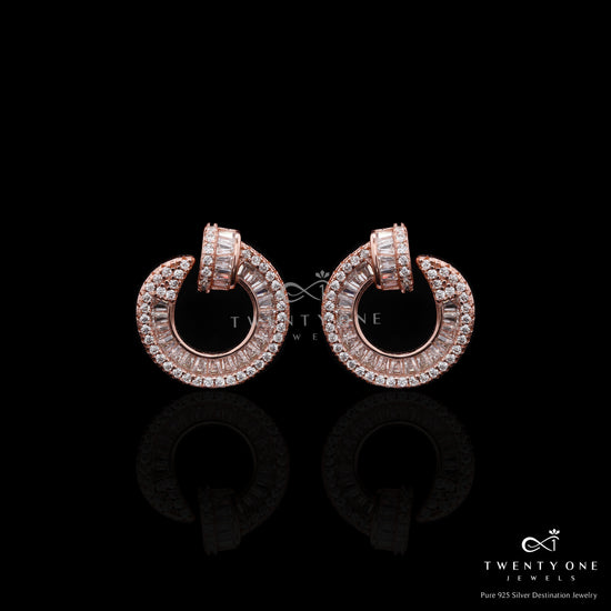 Ultra Premium Rose Gold Finish American Diamond Baguette Stud Earrings on Pure 925 Silver