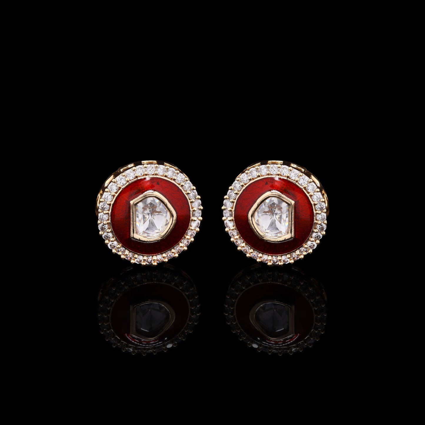 Glazed Red Enamel Gold Finish Polki Diamond Mens Cuff Link with Diamond Cluster