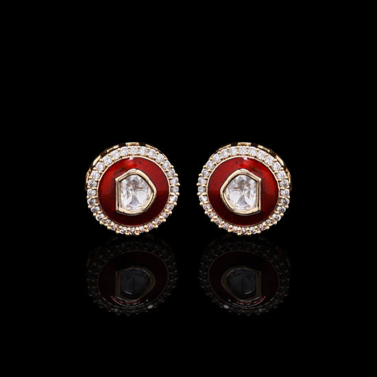 Glazed Red Enamel Gold Finish Polki Diamond Mens Cuff Link with Diamond Cluster