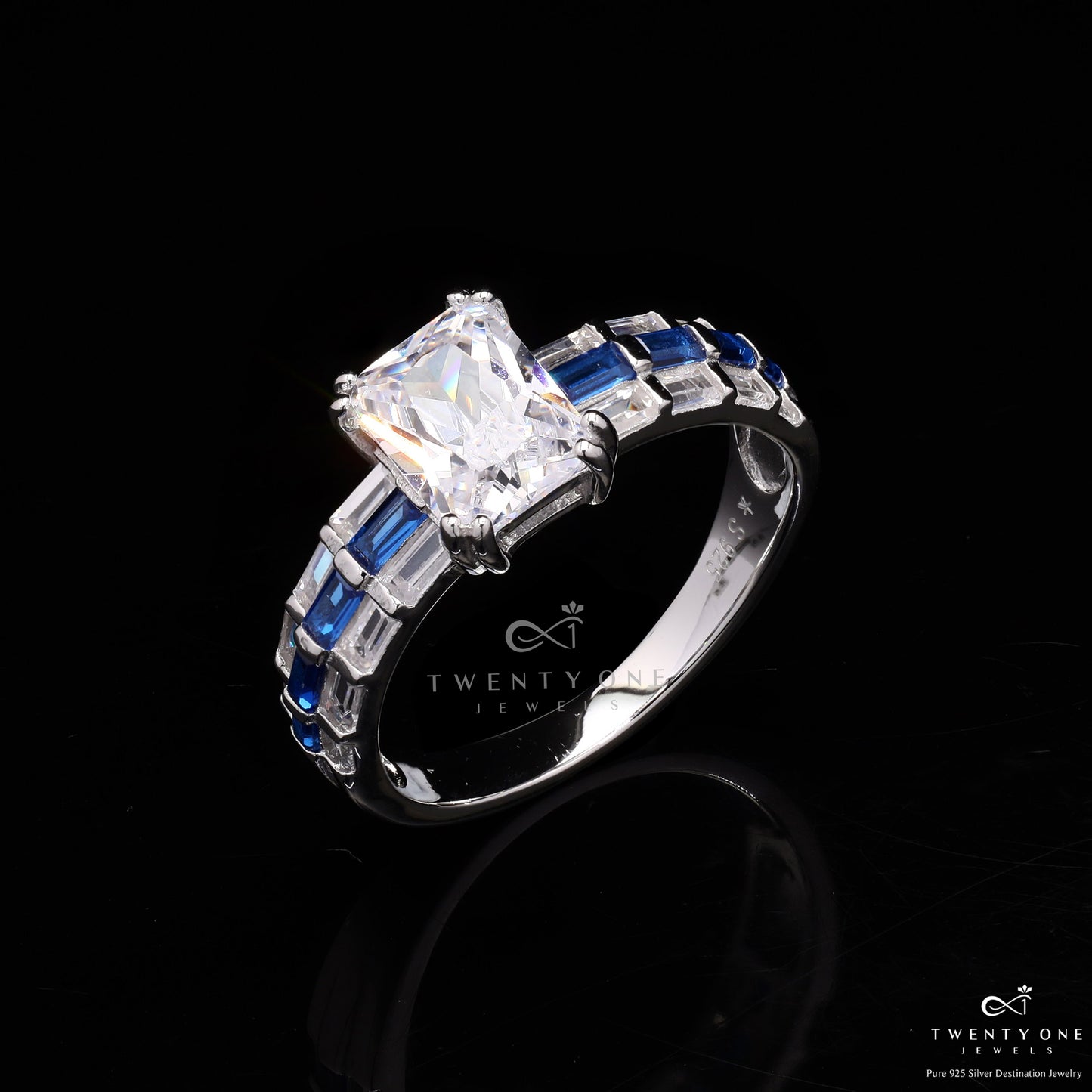 Blue Sapphire Emerald Cut Solitaire Lara Ring with Diamond Baguettes On 925 Silver