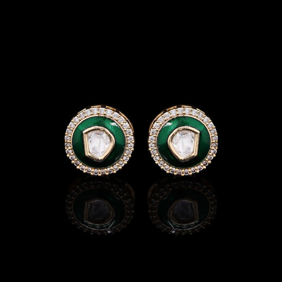 Glazed Green Enamel Gold Finish Polki Mens Cuff Link Pair with Cluster Diamonds