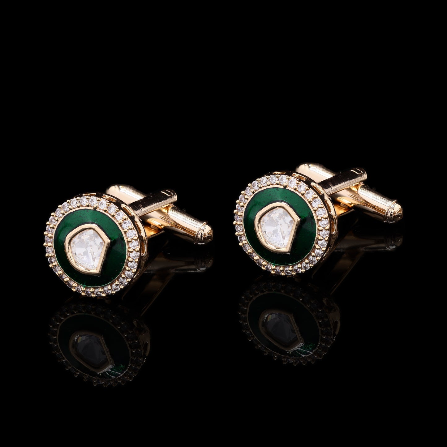 Glazed Green Enamel Gold Finish Polki Mens Cuff Link Pair with Cluster Diamonds