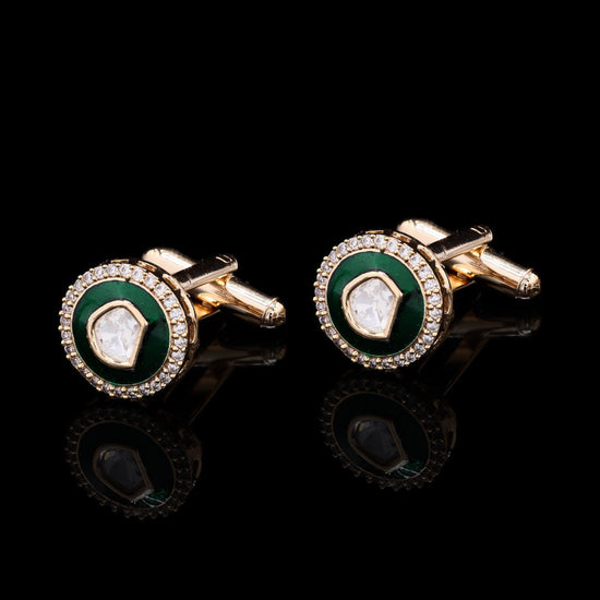 Glazed Green Enamel Gold Finish Polki Mens Cuff Link Pair with Cluster Diamonds