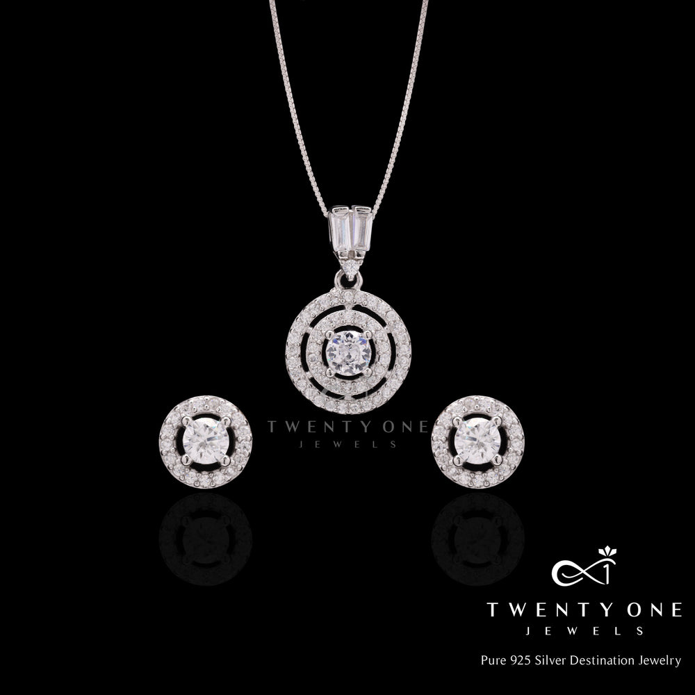 Pure 925 Silver Layered Round Diamond Pendant Set
