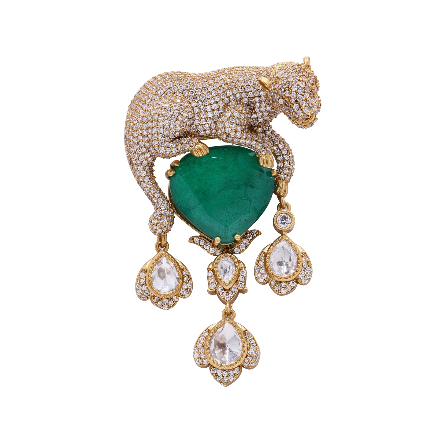 TOJ Everyday - Antique Gold Finish Jaguar Unisex Brooch for Men and Women with Polki and Green Emerald Detailing